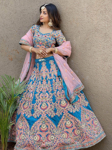 Adorable Blue Embroidered Velvet Wedding Lehenga Choli With Dupatta - Ethnic Plus In
